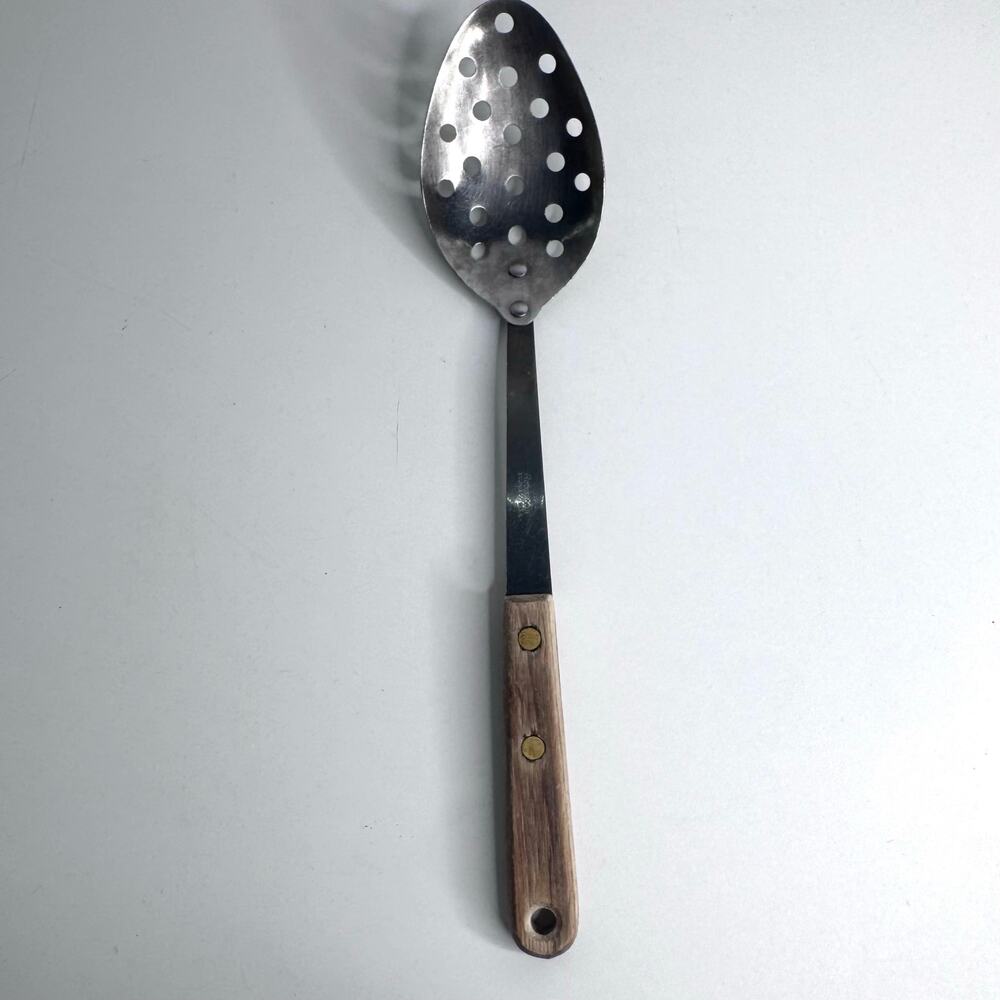 Vintage Robinson Slotted Spoon 12” Wood Handle USA